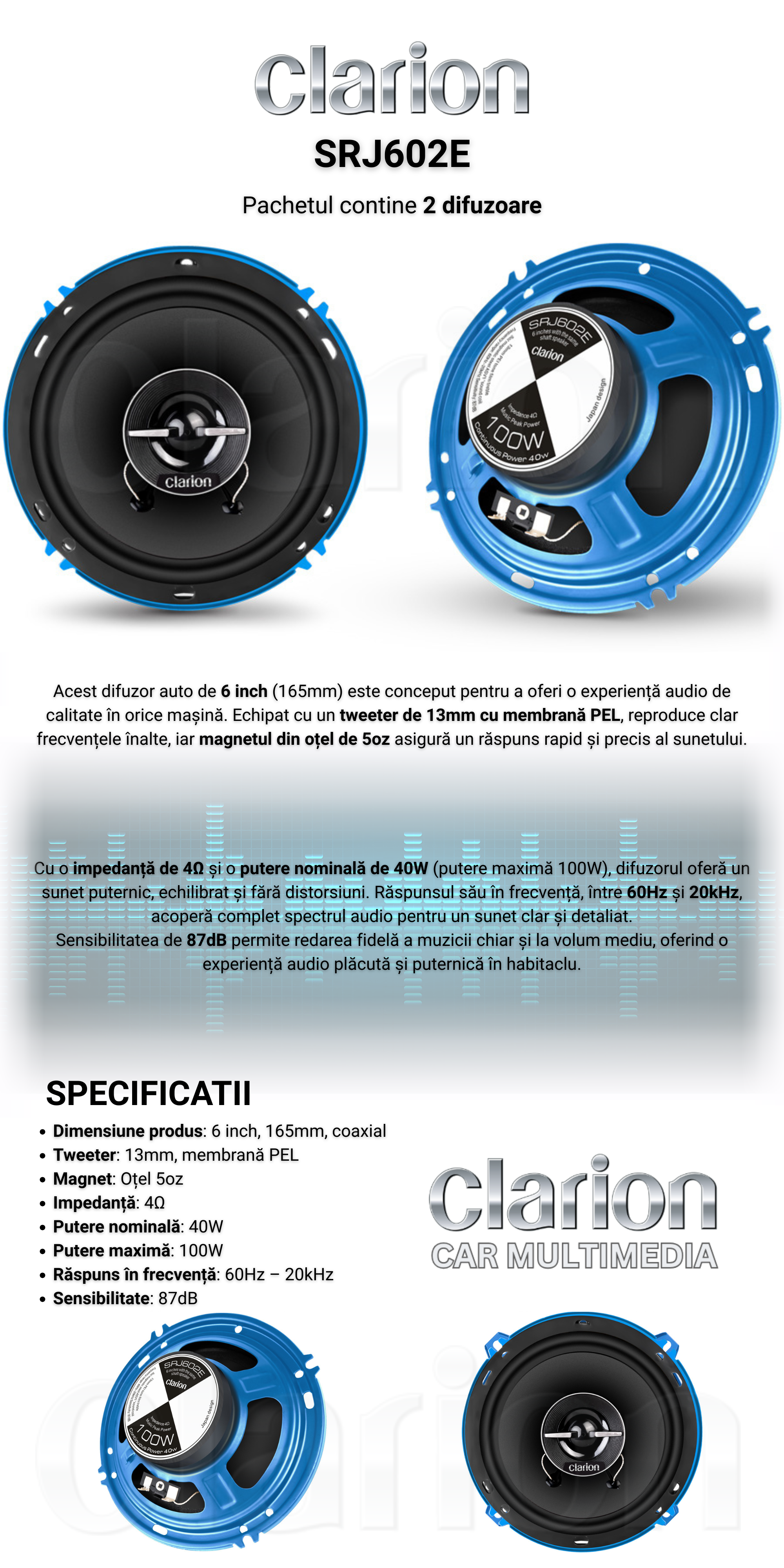 Difuzoare Auto Clarion SRJ602E 2 Cai 165mm 40W 4Ω